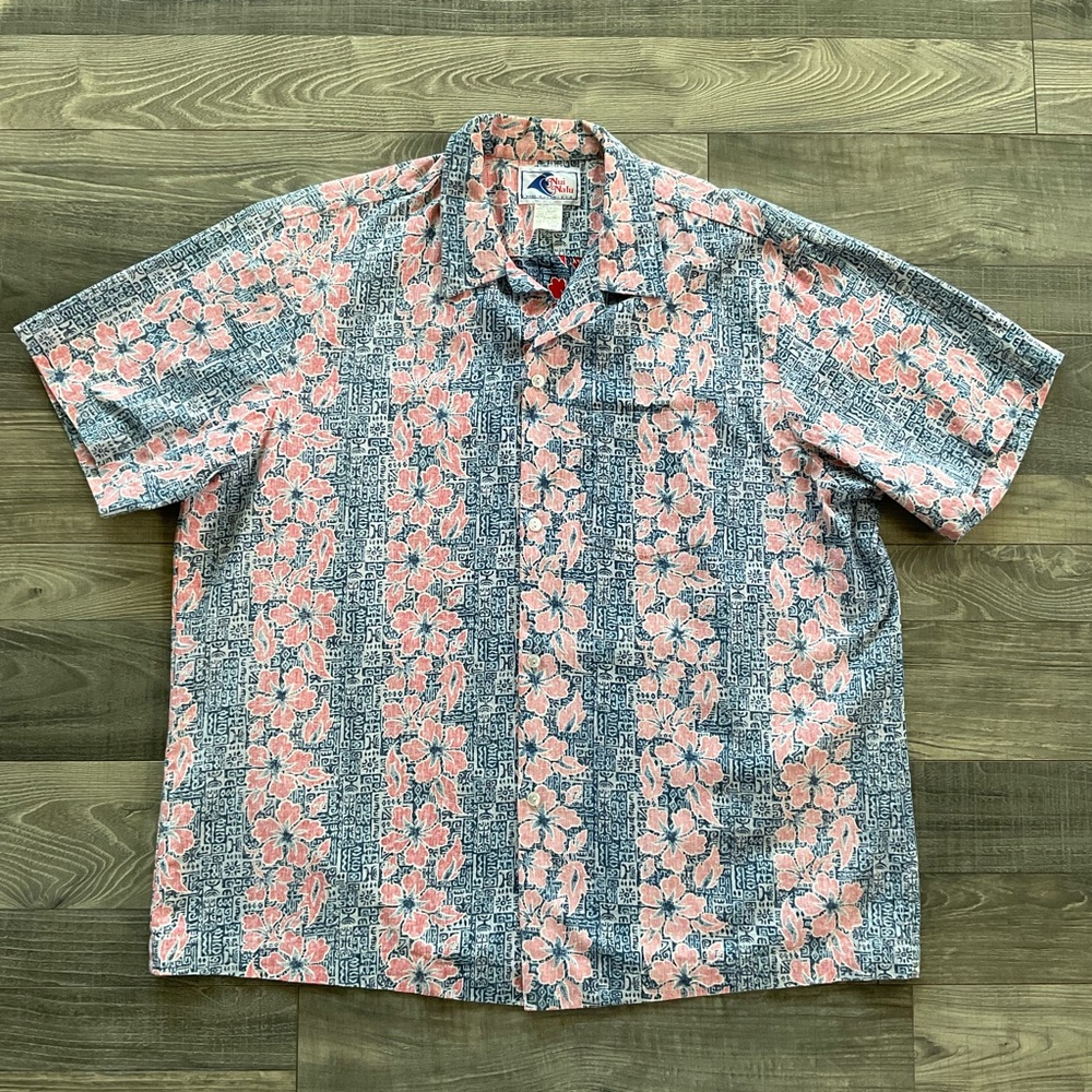 VTG Nui Nalu Hawaiian Print Collared Button Shirt Men’s XL Blue Pink Hawaii USA